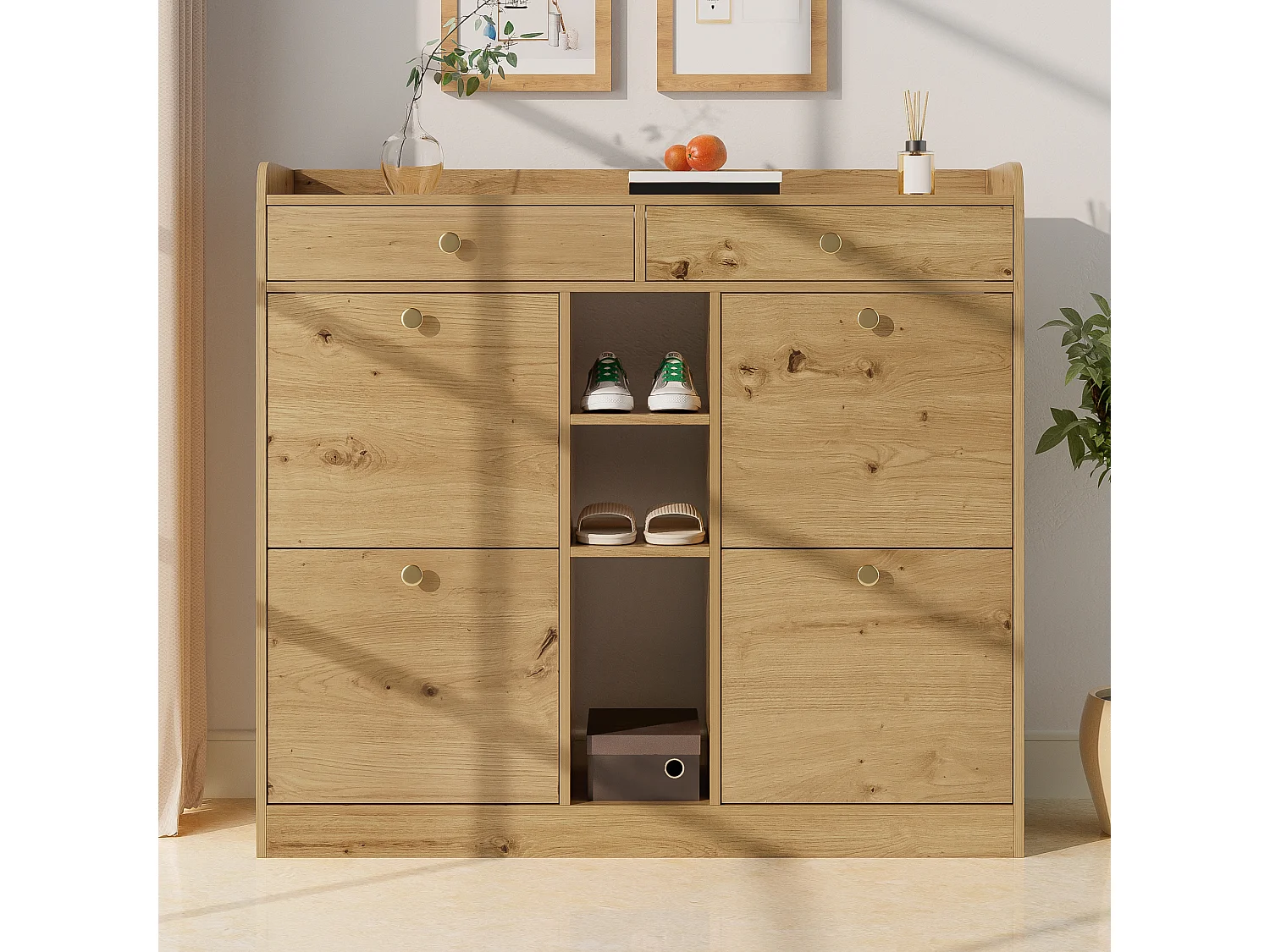 Meuble à chaussures vintage - 110 x 26 x 100 cm - avec 4 portes + 2 tiroirs + 3 compartiments ouverts - aggloméré - naturel
