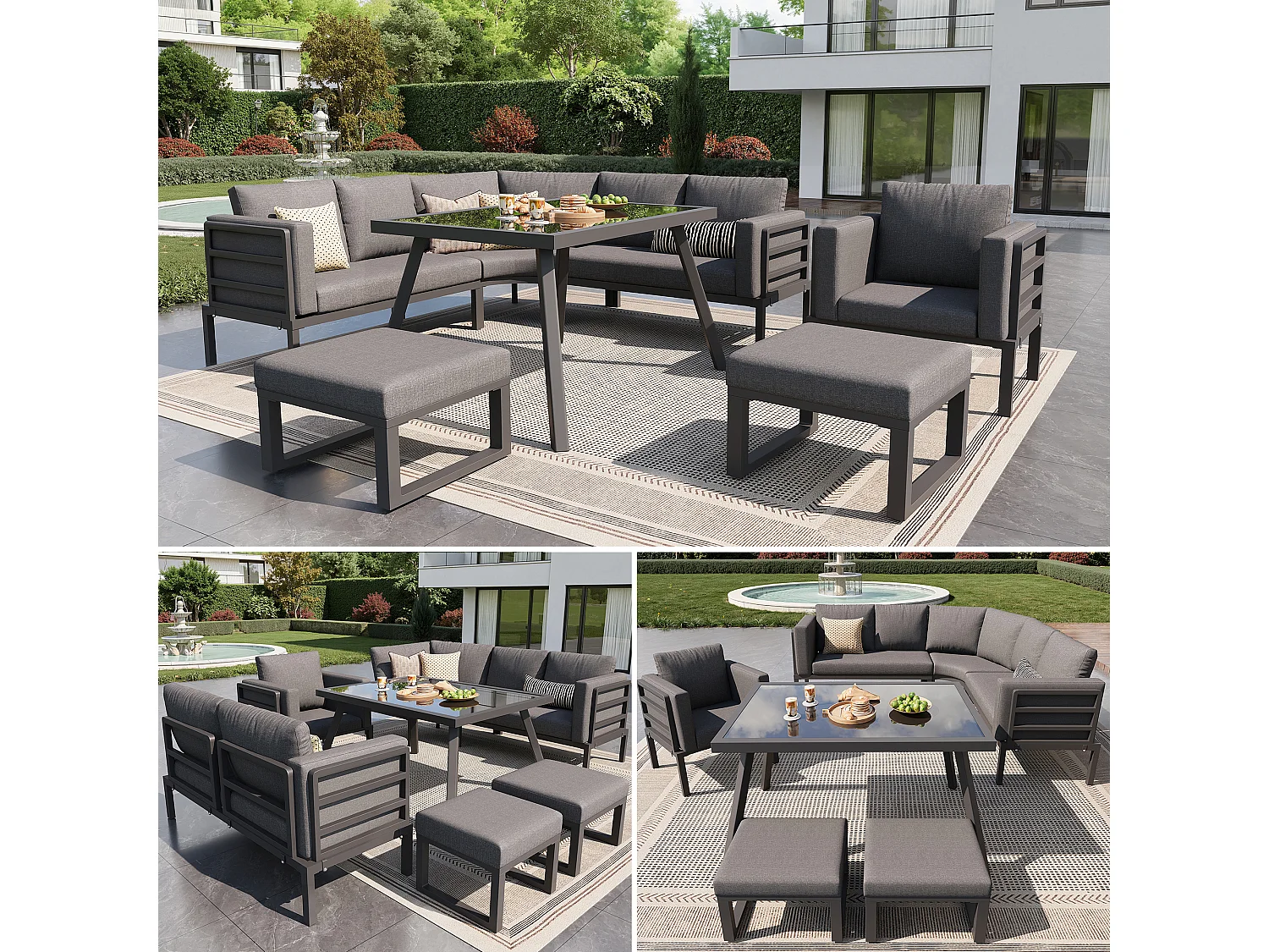 Ensemble salon de jardin 8 places - Structure en fer - avec coussins + 1 table + 1 fauteuils + 2 tabourets - métal - gris