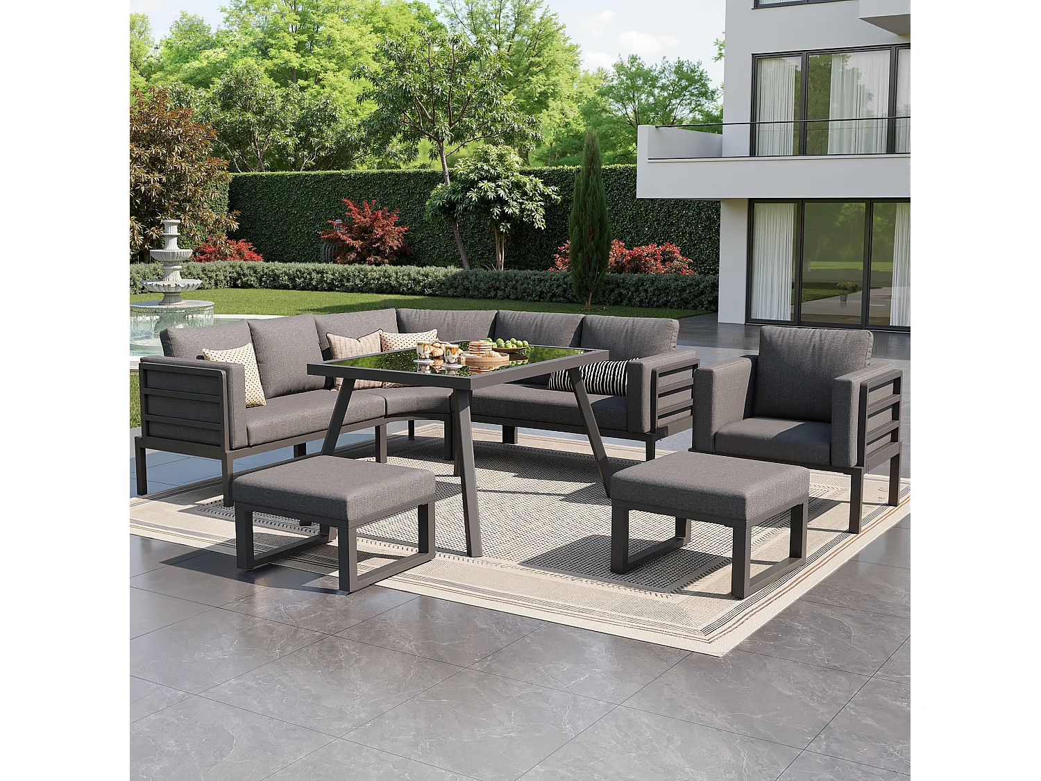 Ensemble salon de jardin 8 places - Structure en fer - avec coussins + 1 table + 1 fauteuils + 2 tabourets - métal - gris