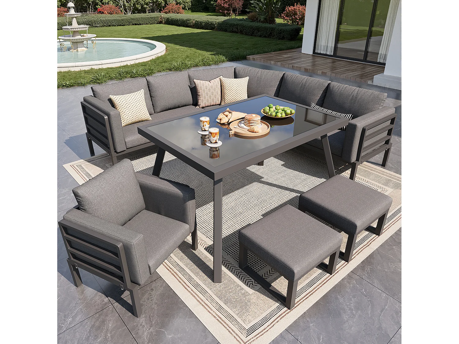 Ensemble salon de jardin 8 places - Structure en fer - avec coussins + 1 table + 1 fauteuils + 2 tabourets - métal - gris