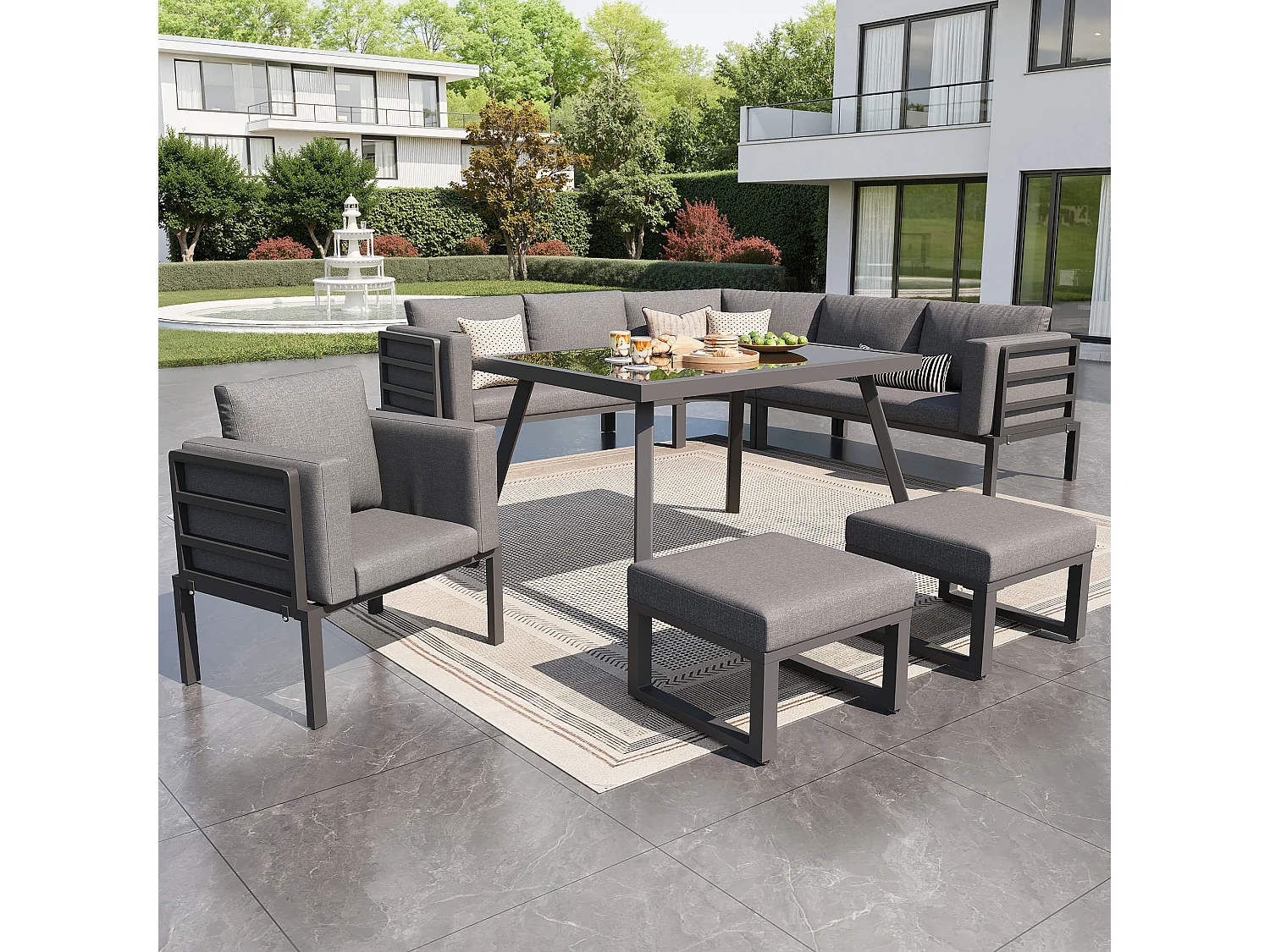 Ensemble salon de jardin 8 places - Structure en fer - avec coussins + 1 table + 1 fauteuils + 2 tabourets - métal - gris