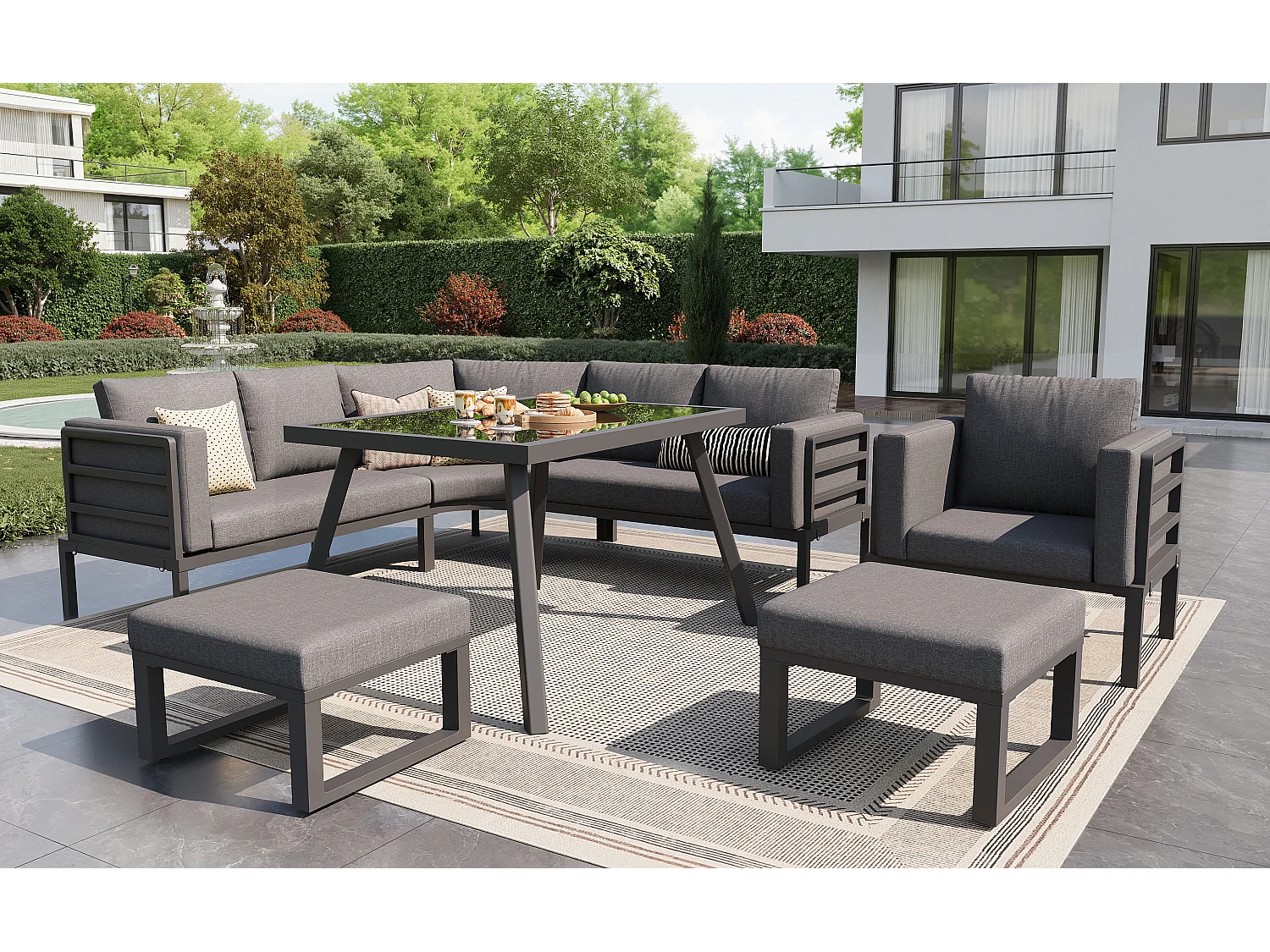 Ensemble salon de jardin 8 places - Structure en fer - avec coussins + 1 table + 1 fauteuils + 2 tabourets - métal - gris