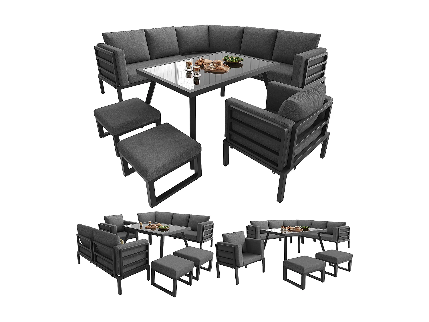 Ensemble salon de jardin 8 places - Structure en fer - avec coussins + 1 table + 1 fauteuils + 2 tabourets - métal - gris