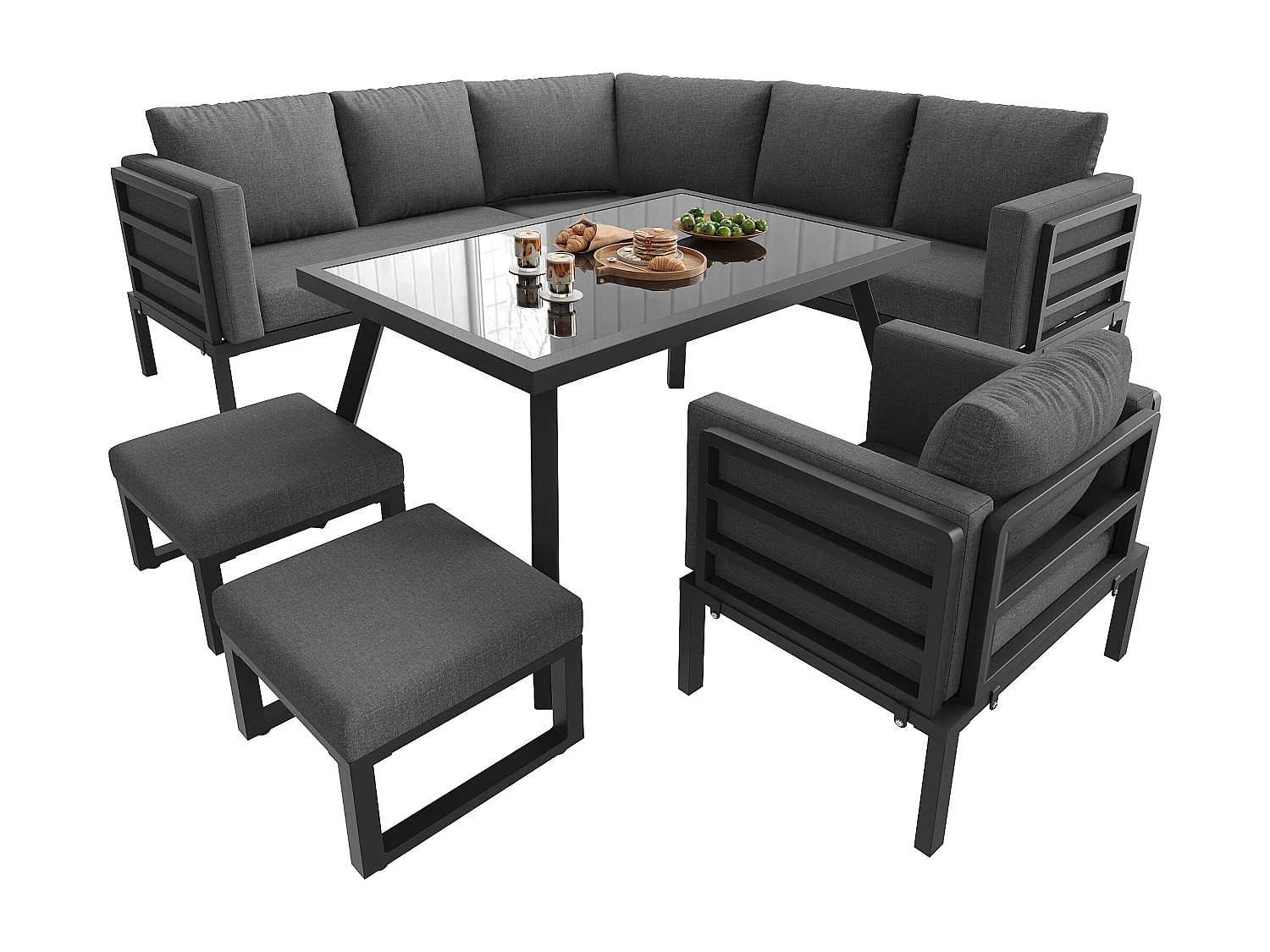 Ensemble salon de jardin 8 places - Structure en fer - avec coussins + 1 table + 1 fauteuils + 2 tabourets - métal - gris