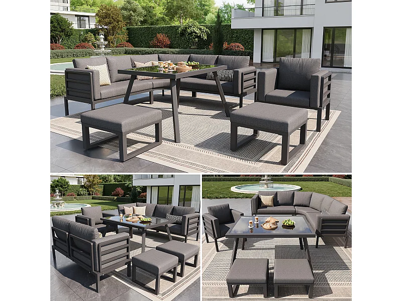 Ensemble salon de jardin 8 places - Structure en fer - avec coussins + 1 table + 1 fauteuils + 2 tabourets - métal - gris