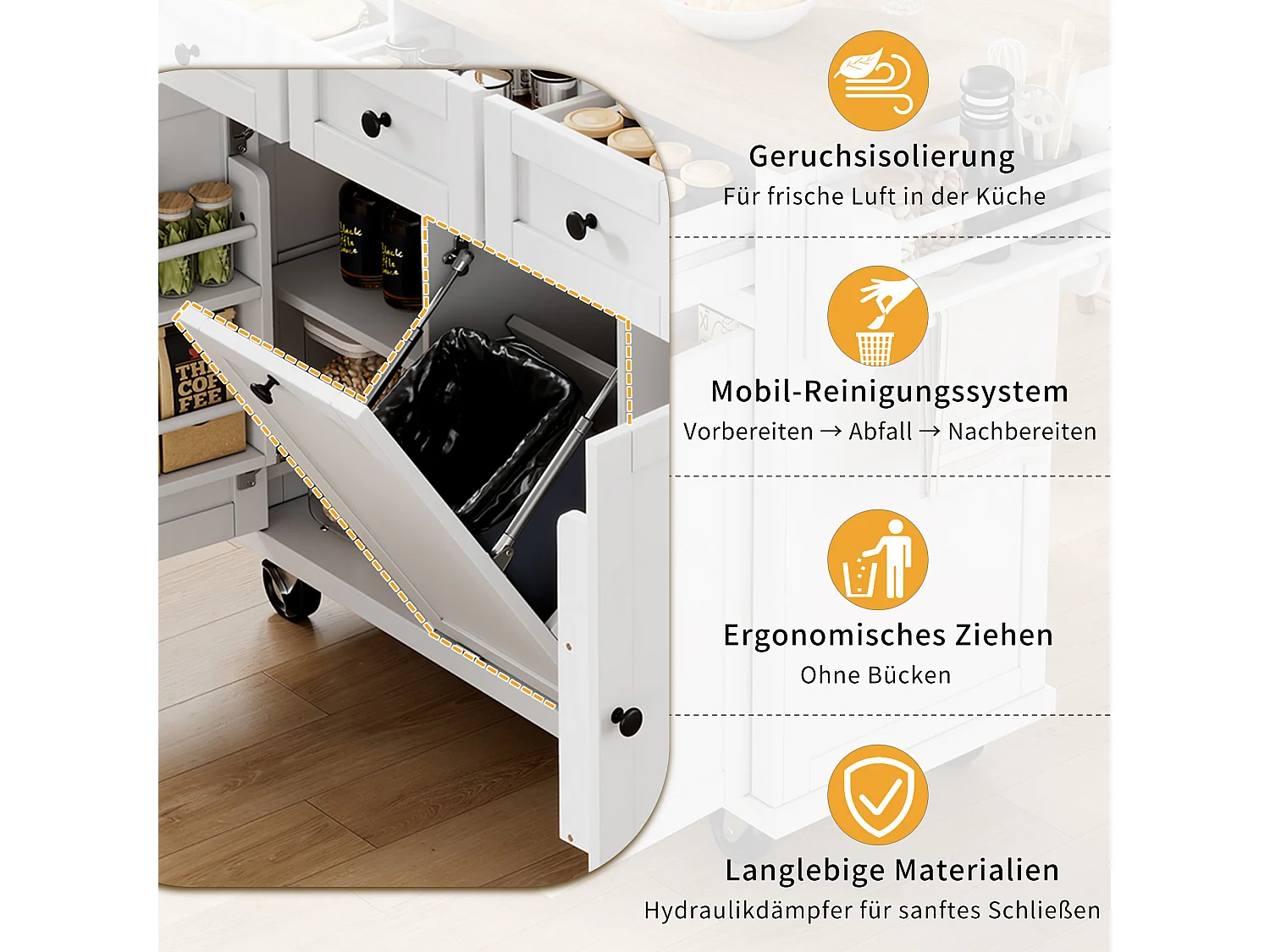 Keukeneiland op wielen - 131,2 x 46,2 / 76,2 x 92,7 cm - inklapbaar blad - met 3 deuren + 3 lades - MDF - wit