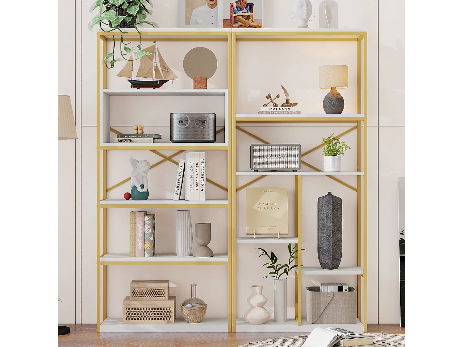 Prateleira de armazenamento moderna em estilo minimalista - 160 x 29,5 x 180 cm - MDF + metal - branco + dourado