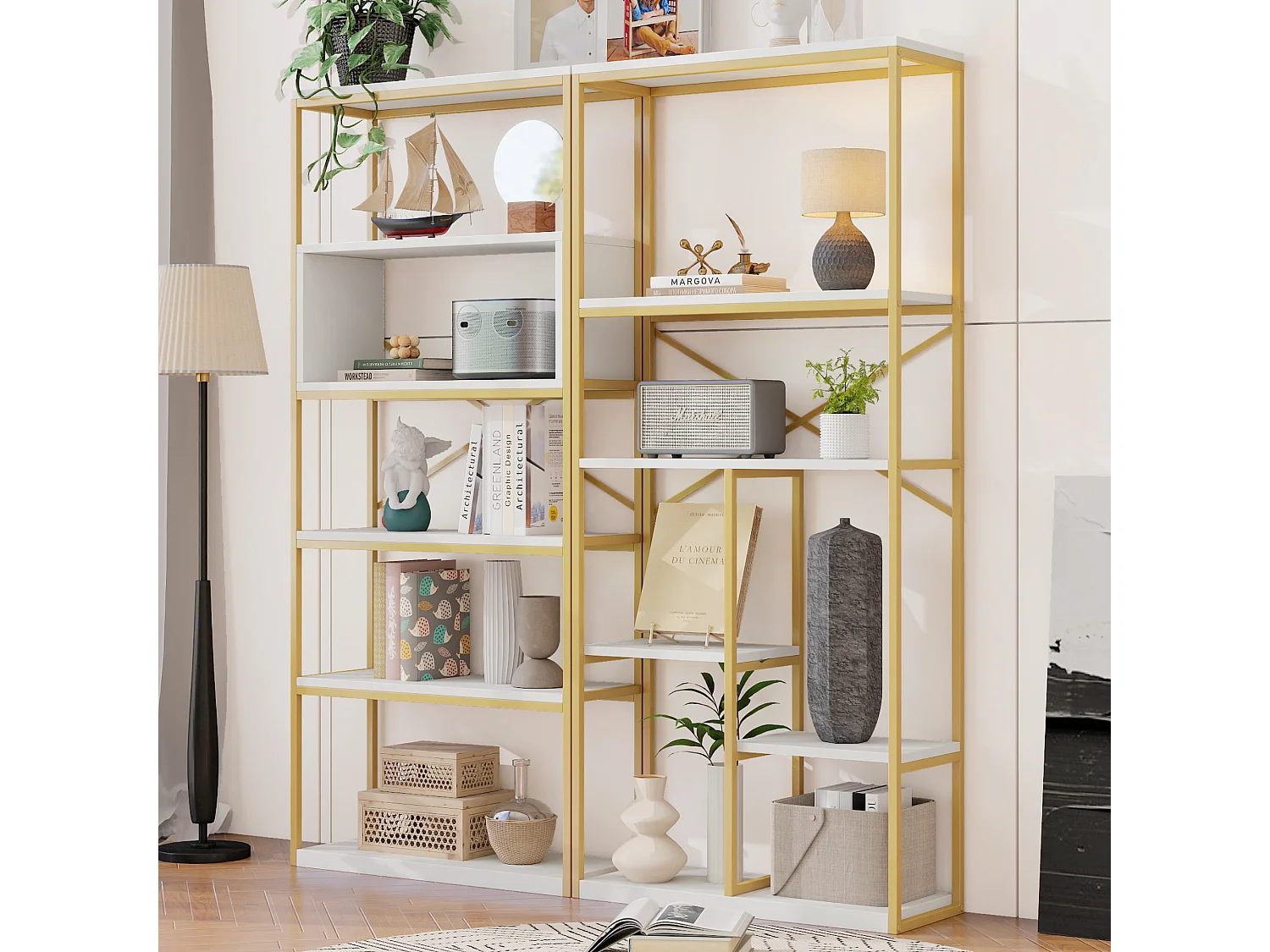 Prateleira de armazenamento moderna em estilo minimalista - 160 x 29,5 x 180 cm - MDF + metal - branco + dourado