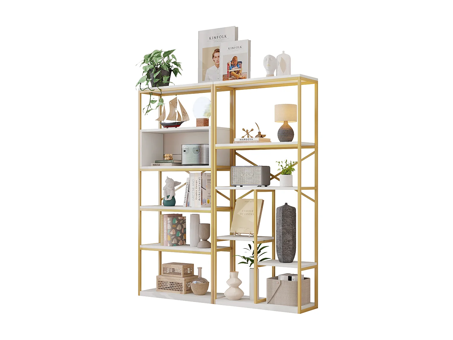 Prateleira de armazenamento moderna em estilo minimalista - 160 x 29,5 x 180 cm - MDF + metal - branco + dourado