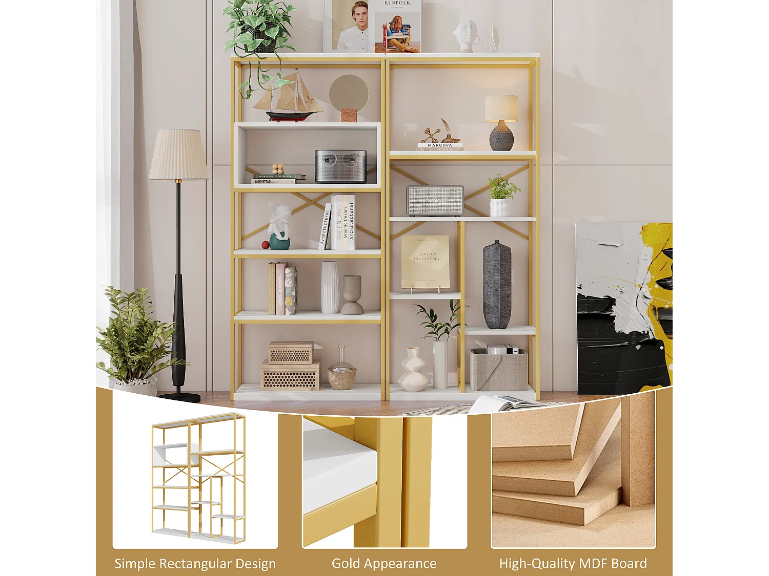 Prateleira de armazenamento moderna em estilo minimalista - 160 x 29,5 x 180 cm - MDF + metal - branco + dourado