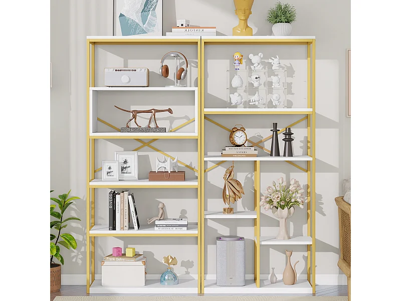 Prateleira de armazenamento moderna em estilo minimalista - 160 x 29,5 x 180 cm - MDF + metal - branco + dourado