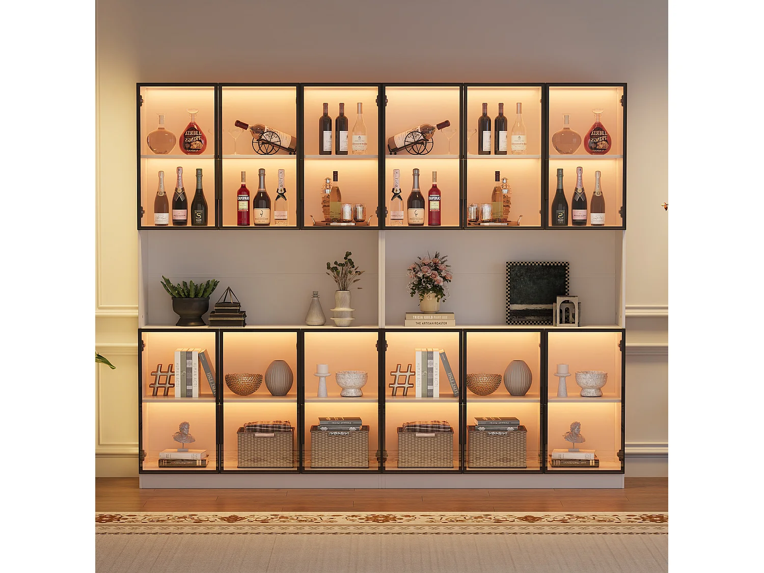 2 moderne hoge glazen vitrines - 120 x 34 x 200 cm - met LED-verlichting + 6 deuren + plank - spaanplaat - wit