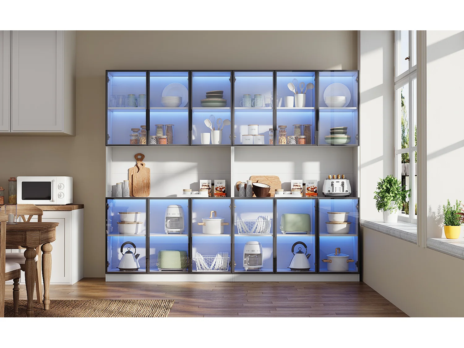 2 moderne hoge glazen vitrines - 120 x 34 x 200 cm - met LED-verlichting + 6 deuren + plank - spaanplaat - wit