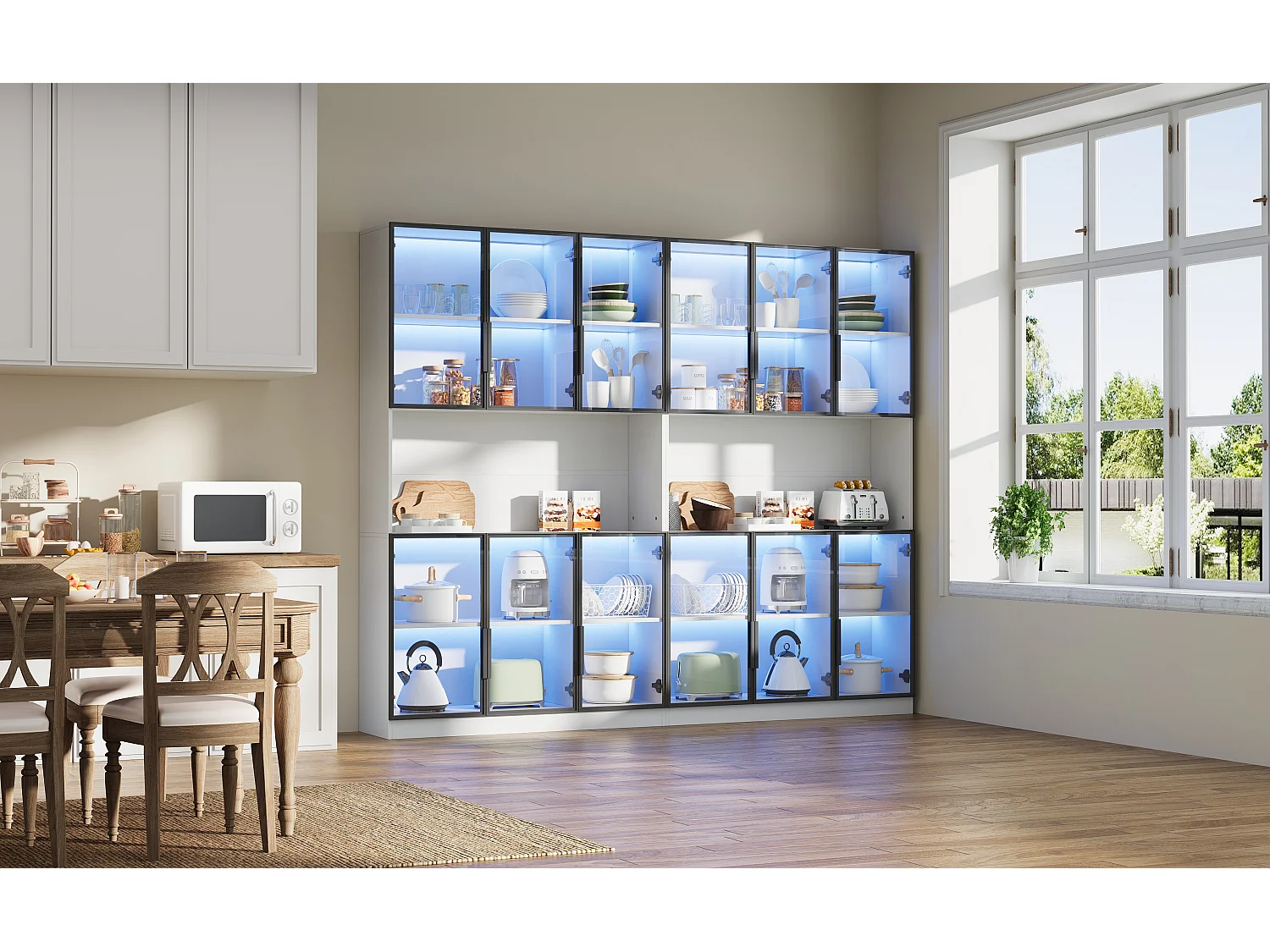 2 moderne hoge glazen vitrines - 120 x 34 x 200 cm - met LED-verlichting + 6 deuren + plank - spaanplaat - wit