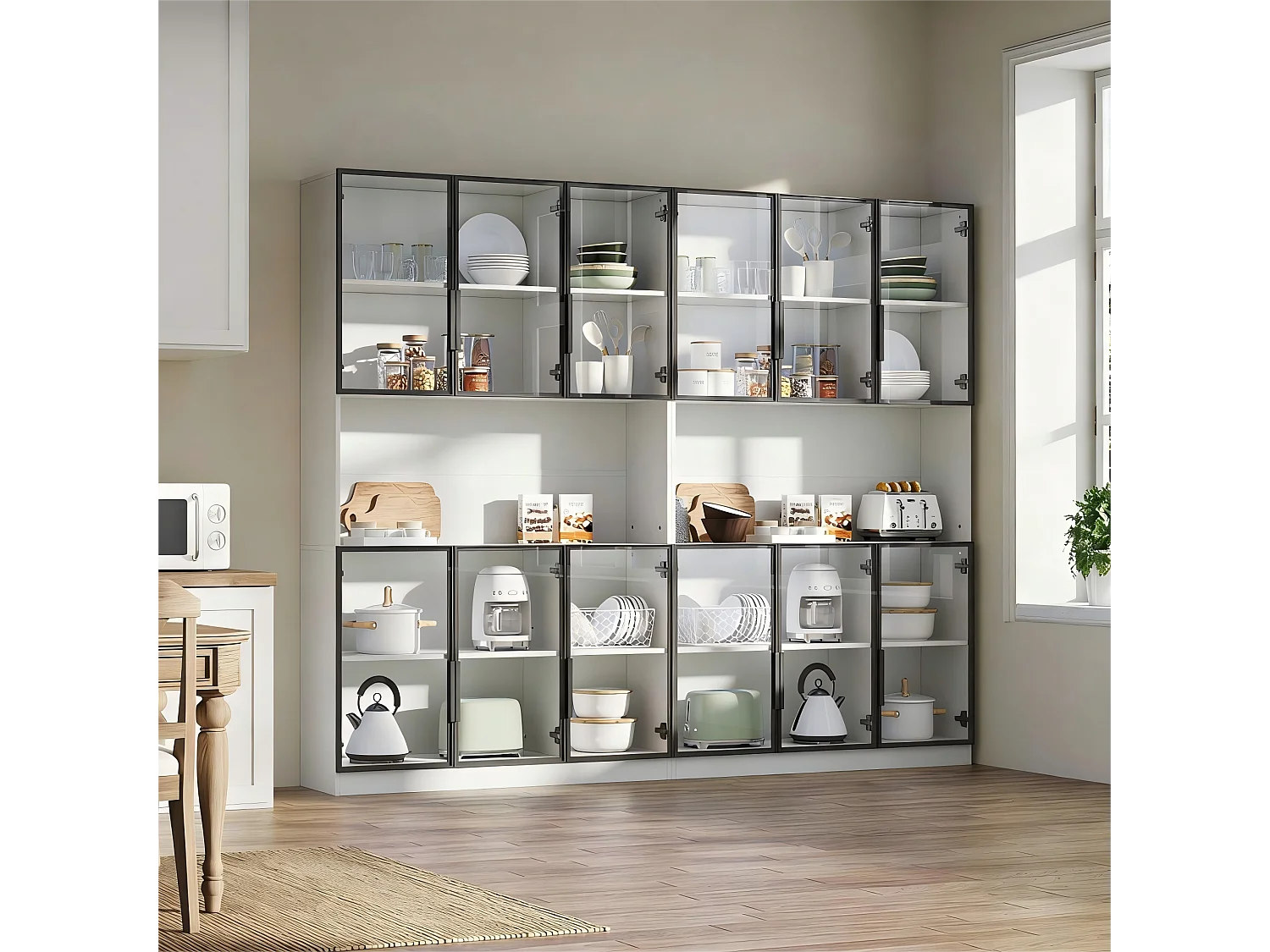 2 moderne hoge glazen vitrines - 120 x 34 x 200 cm - met LED-verlichting + 6 deuren + plank - spaanplaat - wit