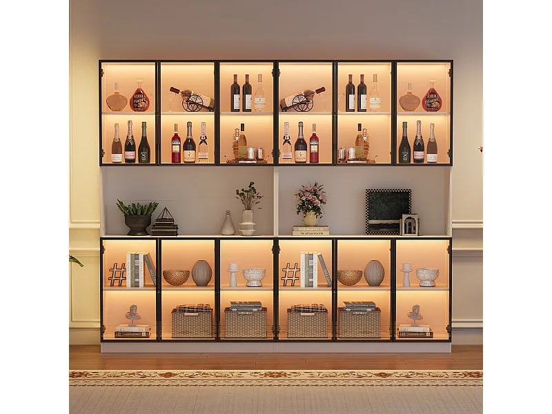 2 moderne hoge glazen vitrines - 120 x 34 x 200 cm - met LED-verlichting + 6 deuren + plank - spaanplaat - wit