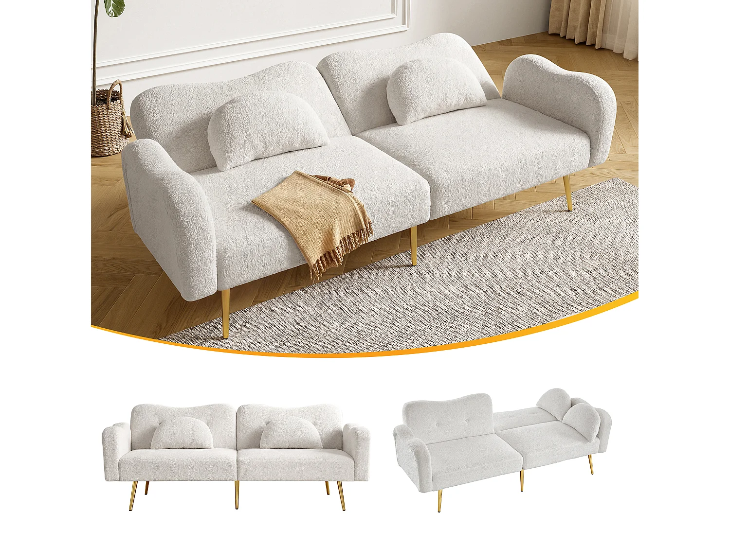 Canapé convertible 2 places - 175 x 79 x 82 cm - avec dossier réglable - pieds en métal doré - velours - blanc