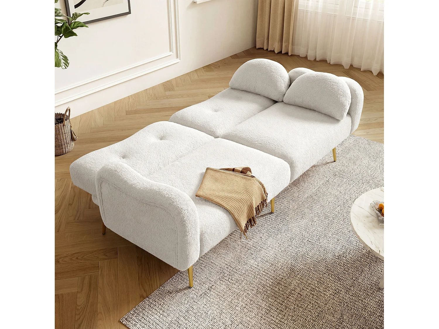 Canapé convertible 2 places - 175 x 79 x 82 cm - avec dossier réglable - pieds en métal doré - velours - blanc