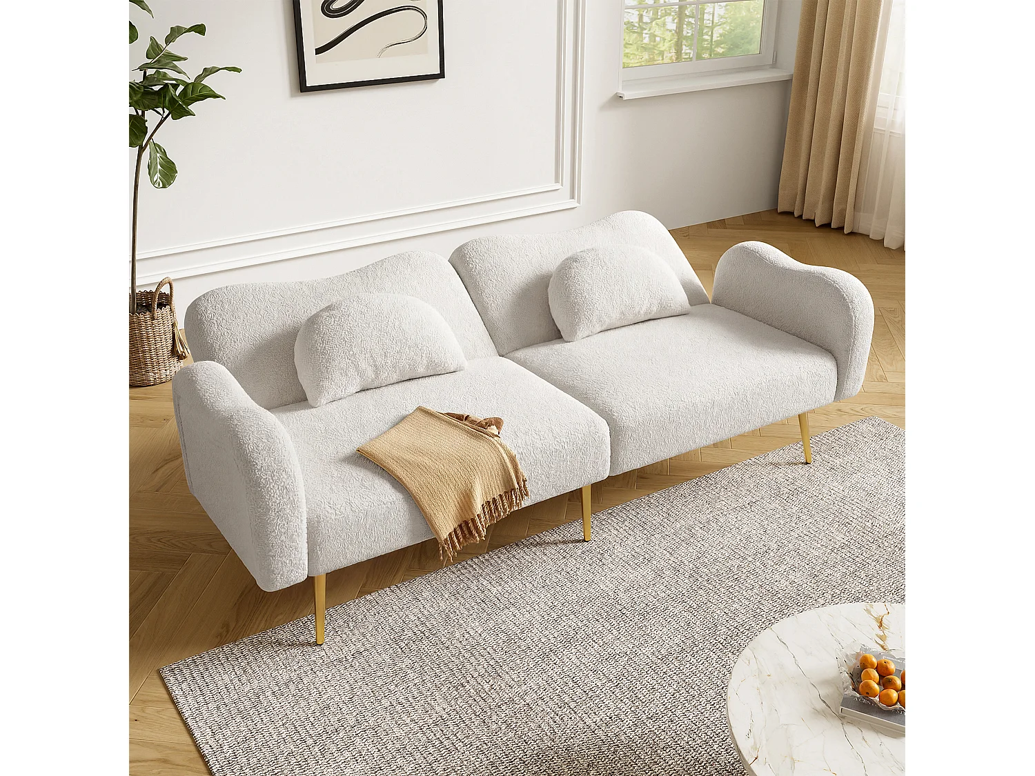 Canapé convertible 2 places - 175 x 79 x 82 cm - avec dossier réglable - pieds en métal doré - velours - blanc