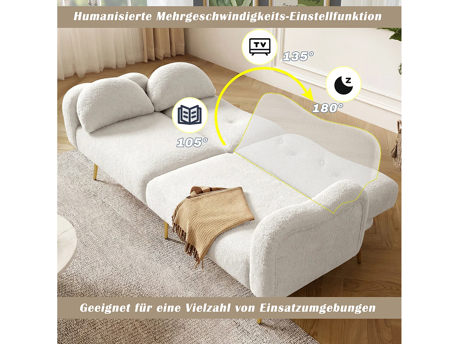 Canapé convertible 2 places - 175 x 79 x 82 cm - avec dossier réglable - pieds en métal doré - velours - blanc