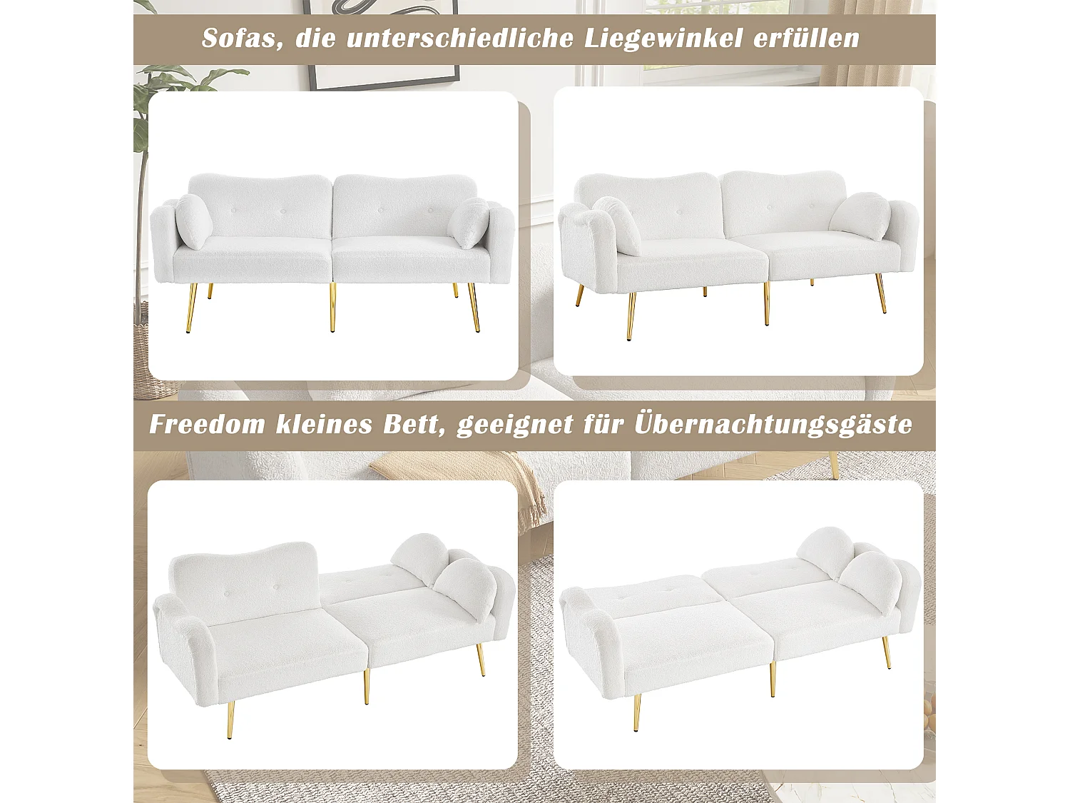 Canapé convertible 2 places - 175 x 79 x 82 cm - avec dossier réglable - pieds en métal doré - velours - blanc