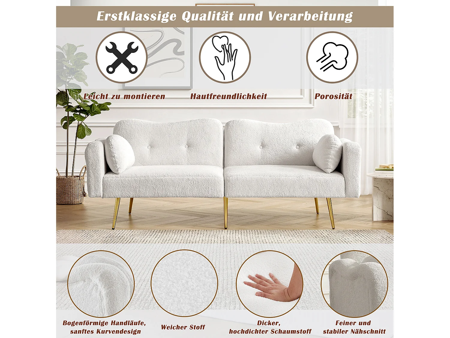 Canapé convertible 2 places - 175 x 79 x 82 cm - avec dossier réglable - pieds en métal doré - velours - blanc