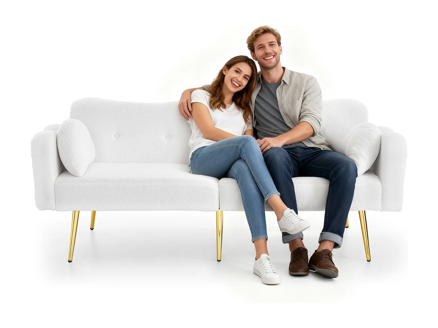 Canapé convertible 2 places - 175 x 79 x 82 cm - avec dossier réglable - pieds en métal doré - velours - blanc