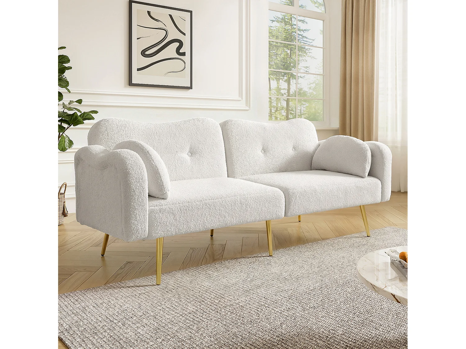 Canapé convertible 2 places - 175 x 79 x 82 cm - avec dossier réglable - pieds en métal doré - velours - blanc