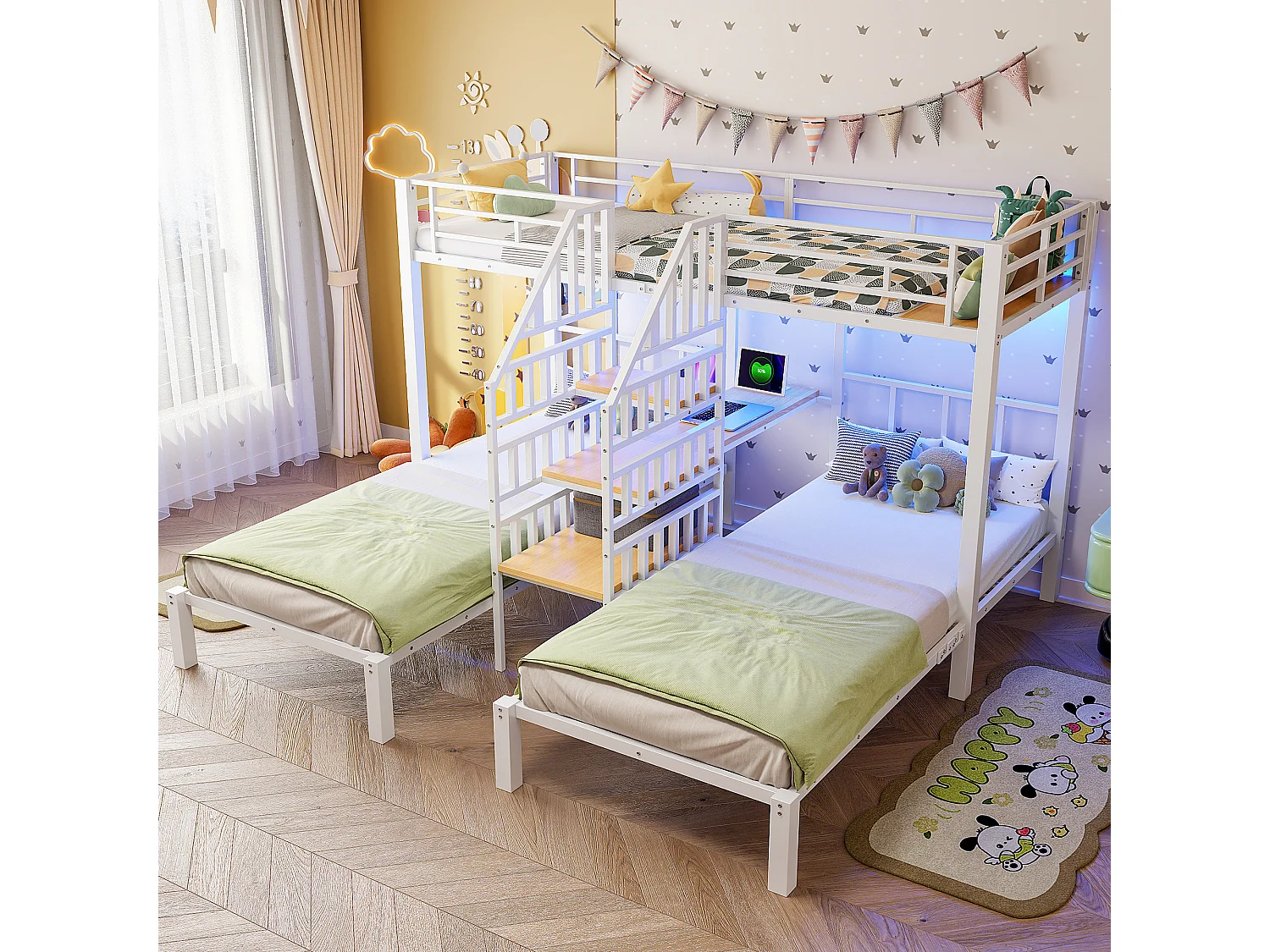 Lit superposé 3 couchages - 3 x 90 x 200 cm - avec Leds + 2 USB + prise + bureau + escalier de rangement - métal - blanc