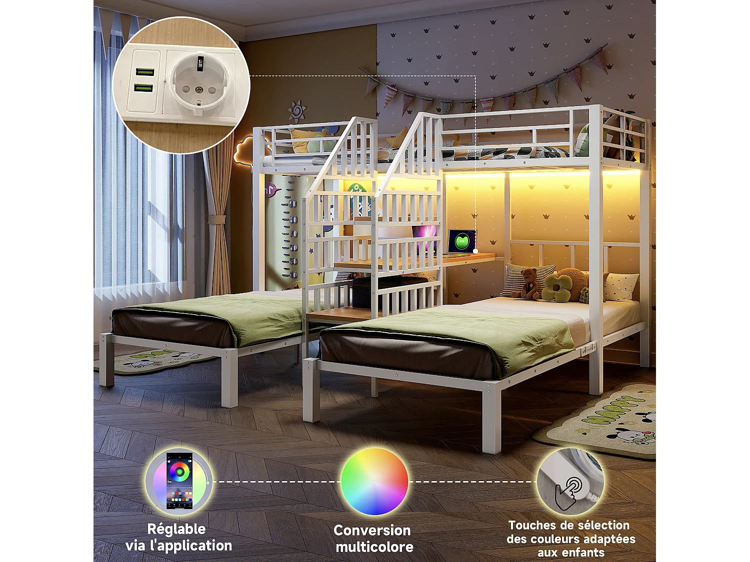 Lit superposé 3 couchages - 3 x 90 x 200 cm - avec Leds + 2 USB + prise + bureau + escalier de rangement - métal - blanc