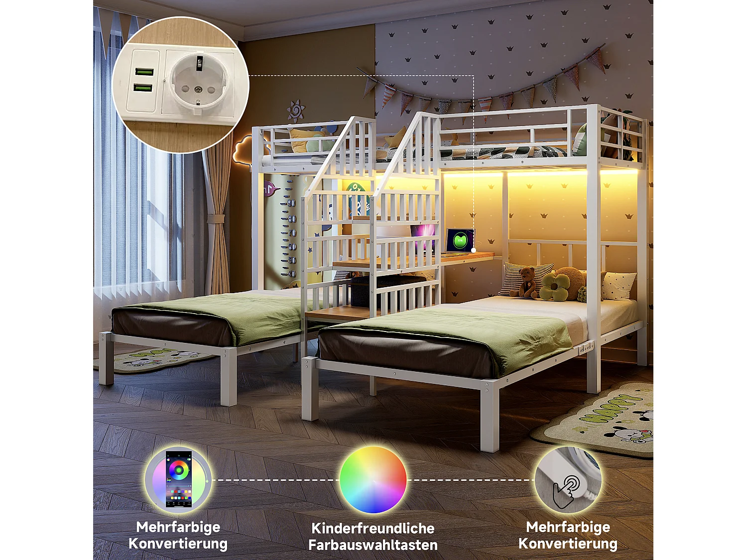 Lit superposé 3 couchages - 3 x 90 x 200 cm - avec Leds + 2 USB + prise + bureau + escalier de rangement - métal - blanc