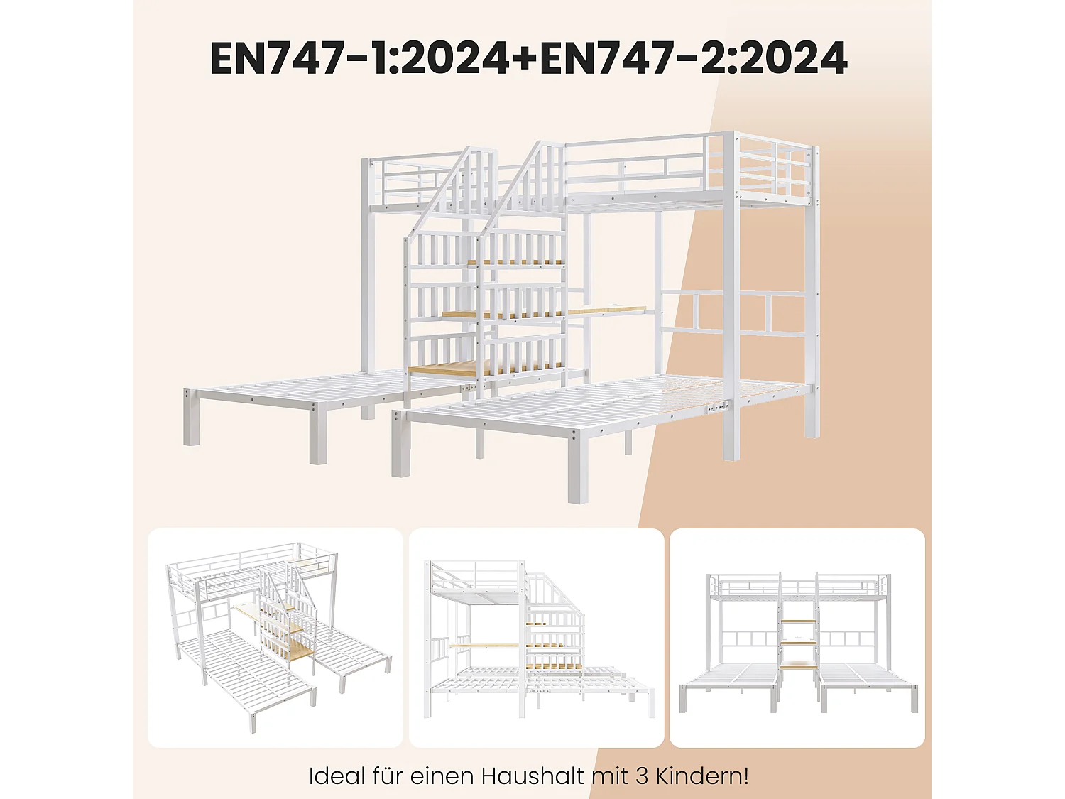 Lit superposé 3 couchages - 3 x 90 x 200 cm - avec Leds + 2 USB + prise + bureau + escalier de rangement - métal - blanc