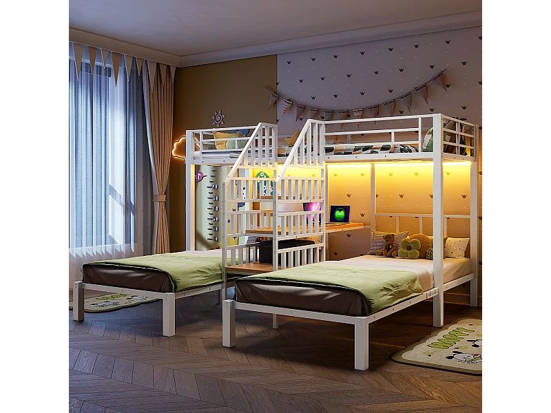 Lit superposé 3 couchages - 3 x 90 x 200 cm - avec Leds + 2 USB + prise + bureau + escalier de rangement - métal - blanc