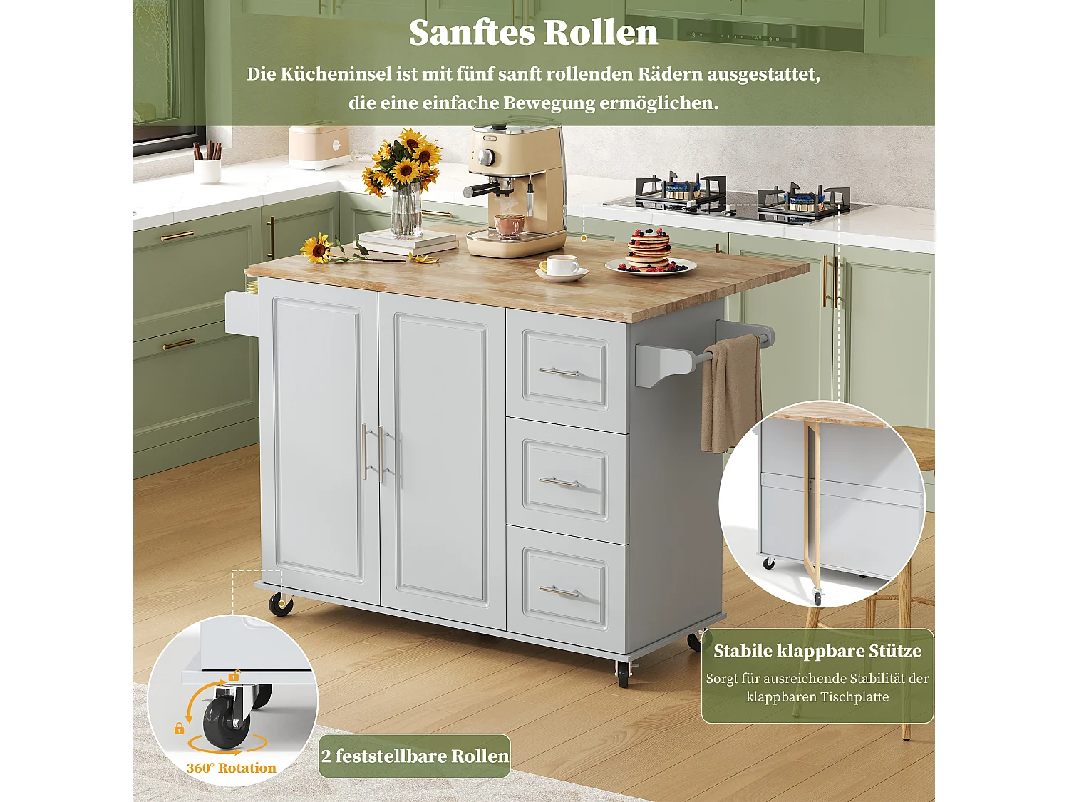 Verplaatsbaar keukeneiland - 137 x 43 (76) x 92 cm - inklapbaar blad - met 3 lades + 2 deuren - MDF - grijs