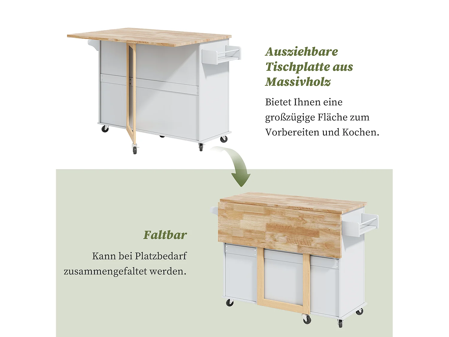 Verplaatsbaar keukeneiland - 137 x 43 (76) x 92 cm - inklapbaar blad - met 3 lades + 2 deuren - MDF - grijs