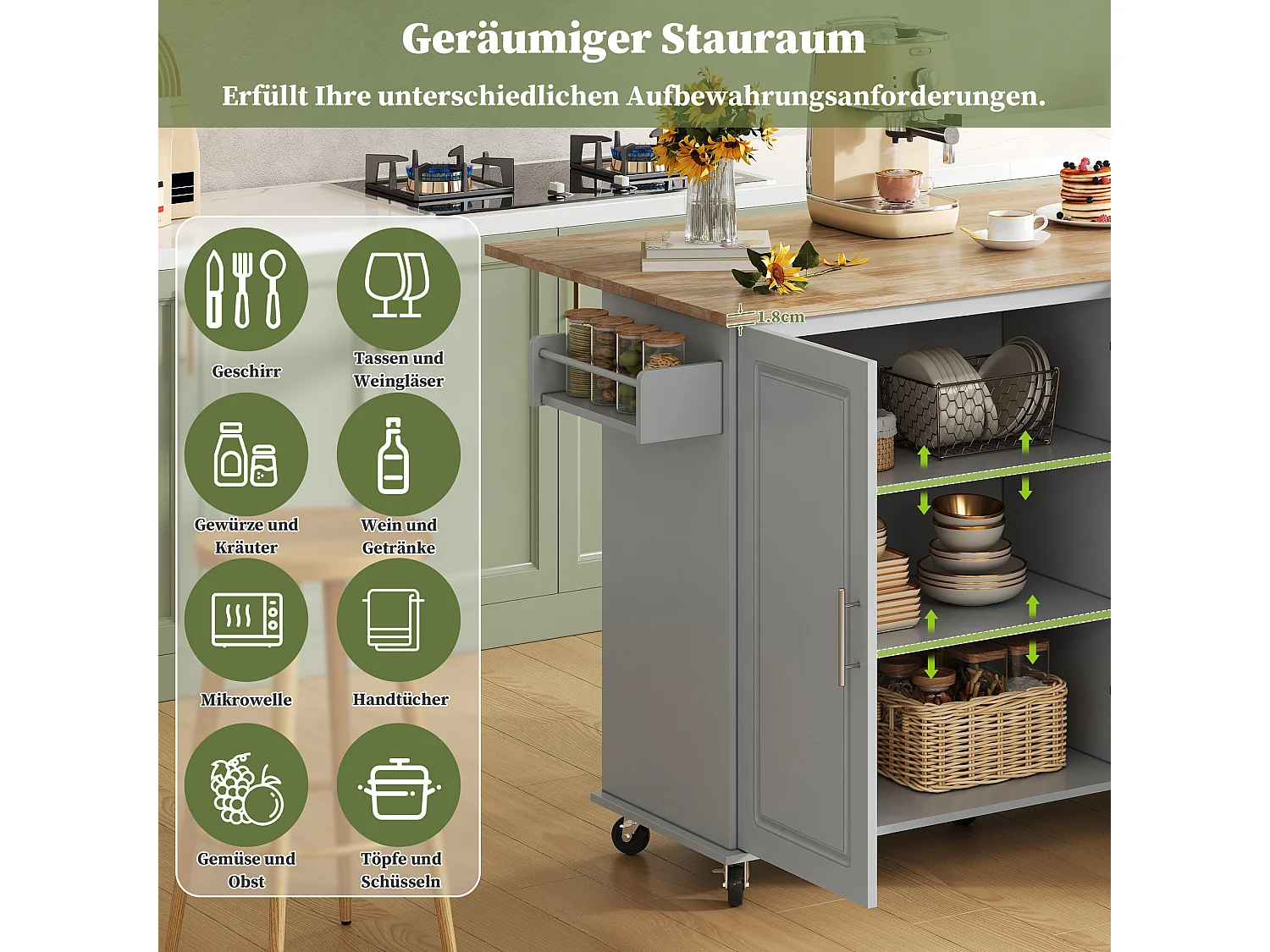 Verplaatsbaar keukeneiland - 137 x 43 (76) x 92 cm - inklapbaar blad - met 3 lades + 2 deuren - MDF - grijs