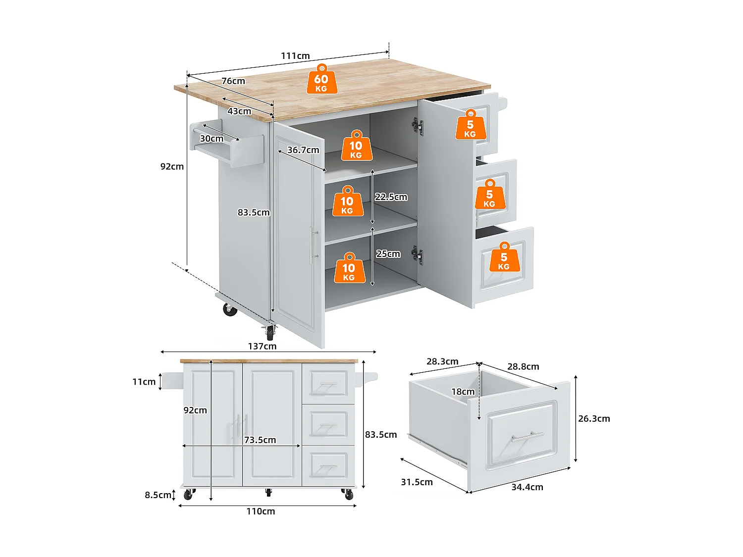 Verplaatsbaar keukeneiland - 137 x 43 (76) x 92 cm - inklapbaar blad - met 3 lades + 2 deuren - MDF - grijs