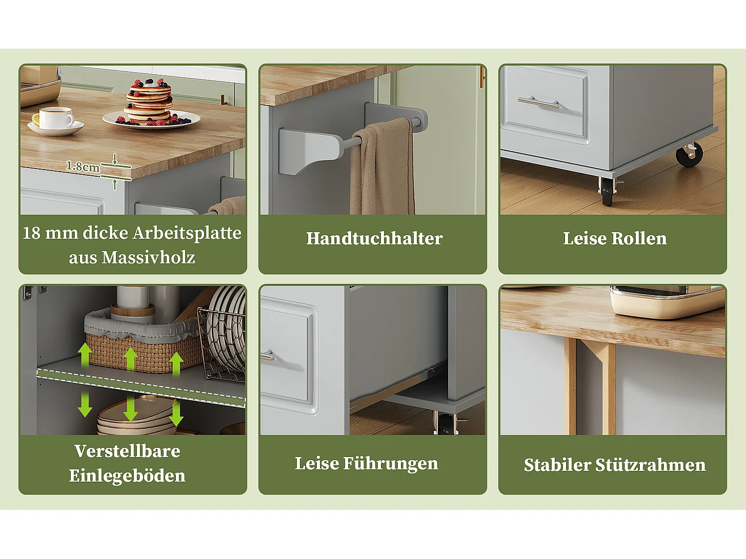 Verplaatsbaar keukeneiland - 137 x 43 (76) x 92 cm - inklapbaar blad - met 3 lades + 2 deuren - MDF - grijs