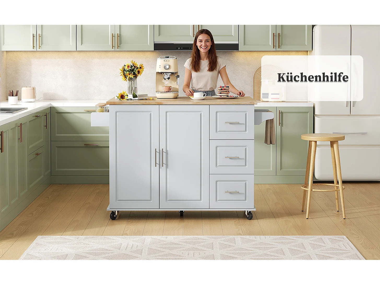 Verplaatsbaar keukeneiland - 137 x 43 (76) x 92 cm - inklapbaar blad - met 3 lades + 2 deuren - MDF - grijs