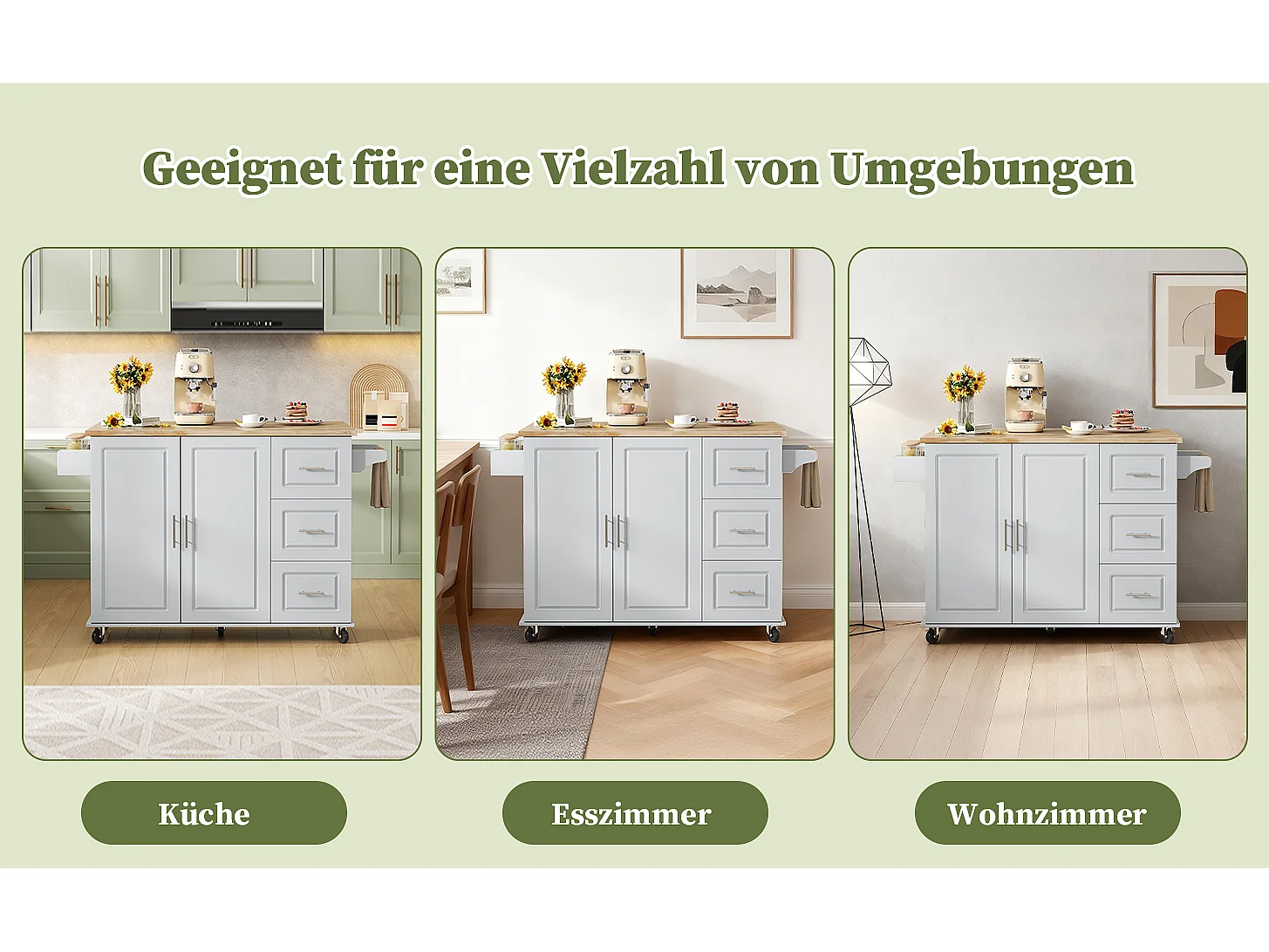 Verplaatsbaar keukeneiland - 137 x 43 (76) x 92 cm - inklapbaar blad - met 3 lades + 2 deuren - MDF - grijs