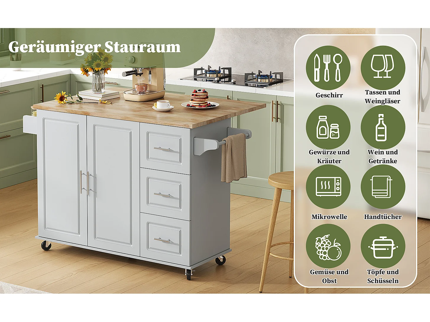 Verplaatsbaar keukeneiland - 137 x 43 (76) x 92 cm - inklapbaar blad - met 3 lades + 2 deuren - MDF - grijs