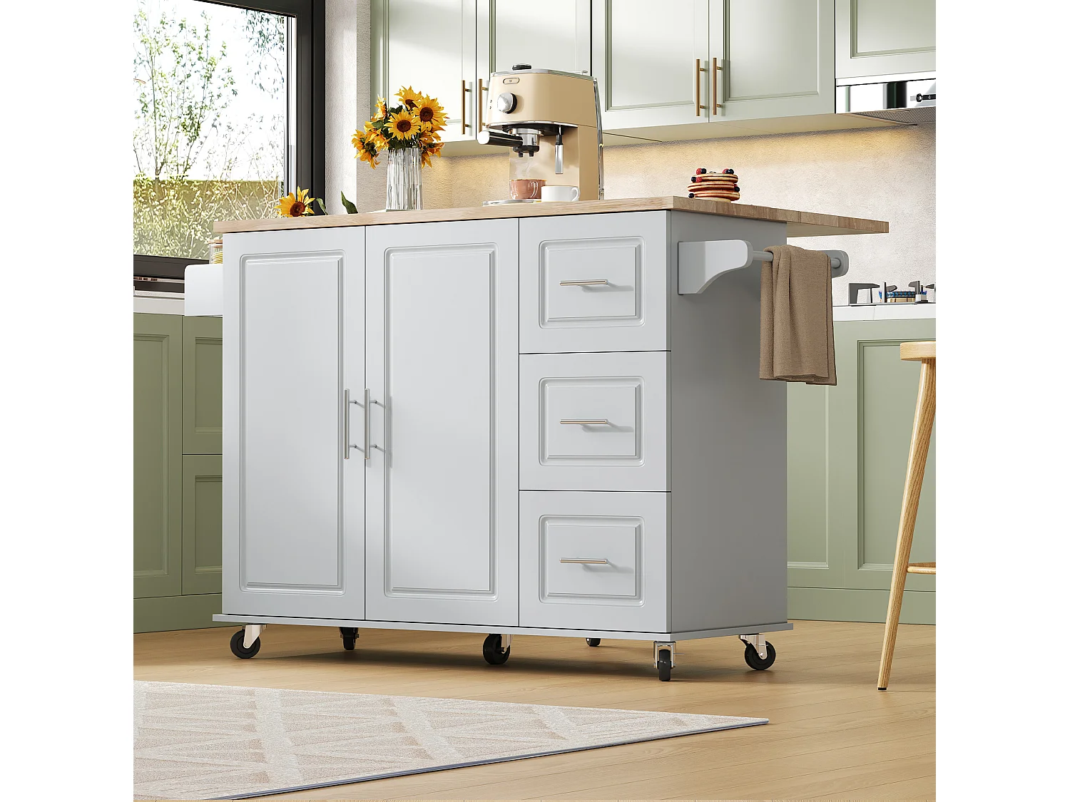 Verplaatsbaar keukeneiland - 137 x 43 (76) x 92 cm - inklapbaar blad - met 3 lades + 2 deuren - MDF - grijs