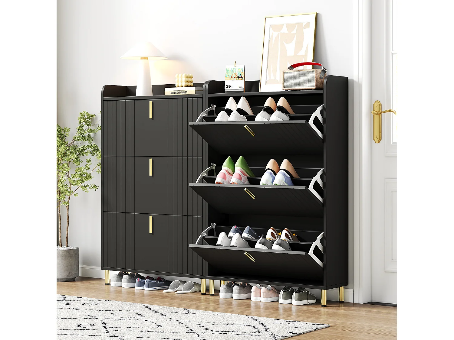 2 Meuble à chaussures à 3 portes - 2 x 80 x 23.5 x 123.5 cm - avec 6 compartiments + dispositif anti-basculement - MDF - noir