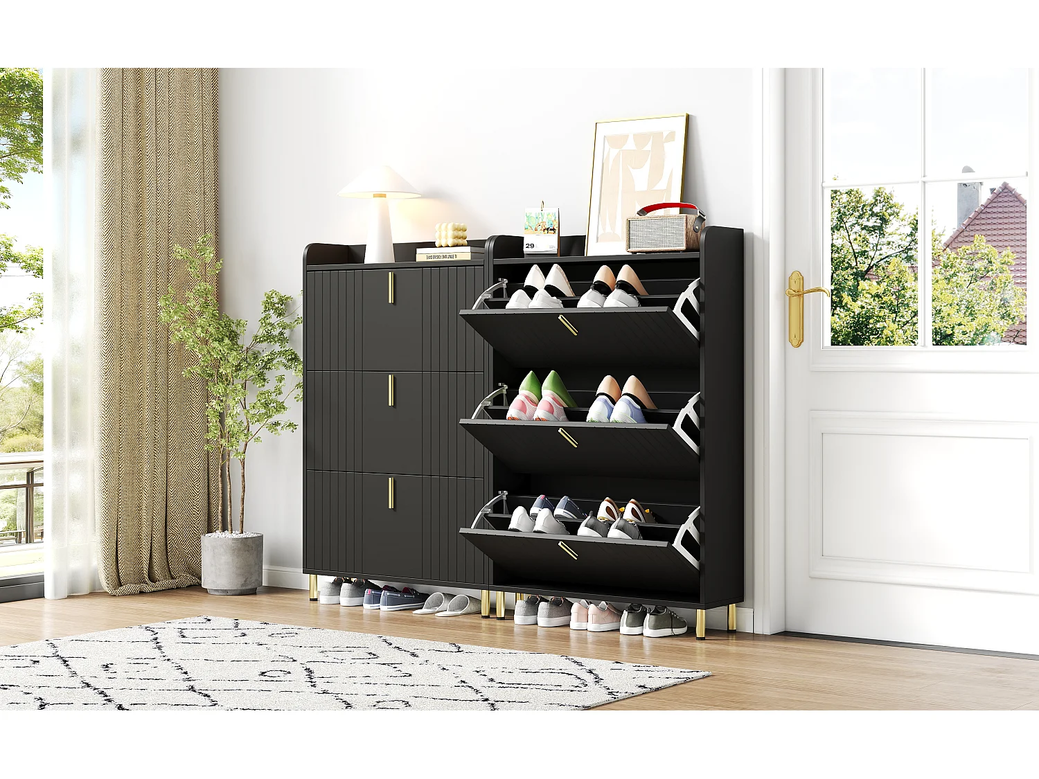 2 Meuble à chaussures à 3 portes - 2 x 80 x 23.5 x 123.5 cm - avec 6 compartiments + dispositif anti-basculement - MDF - noir