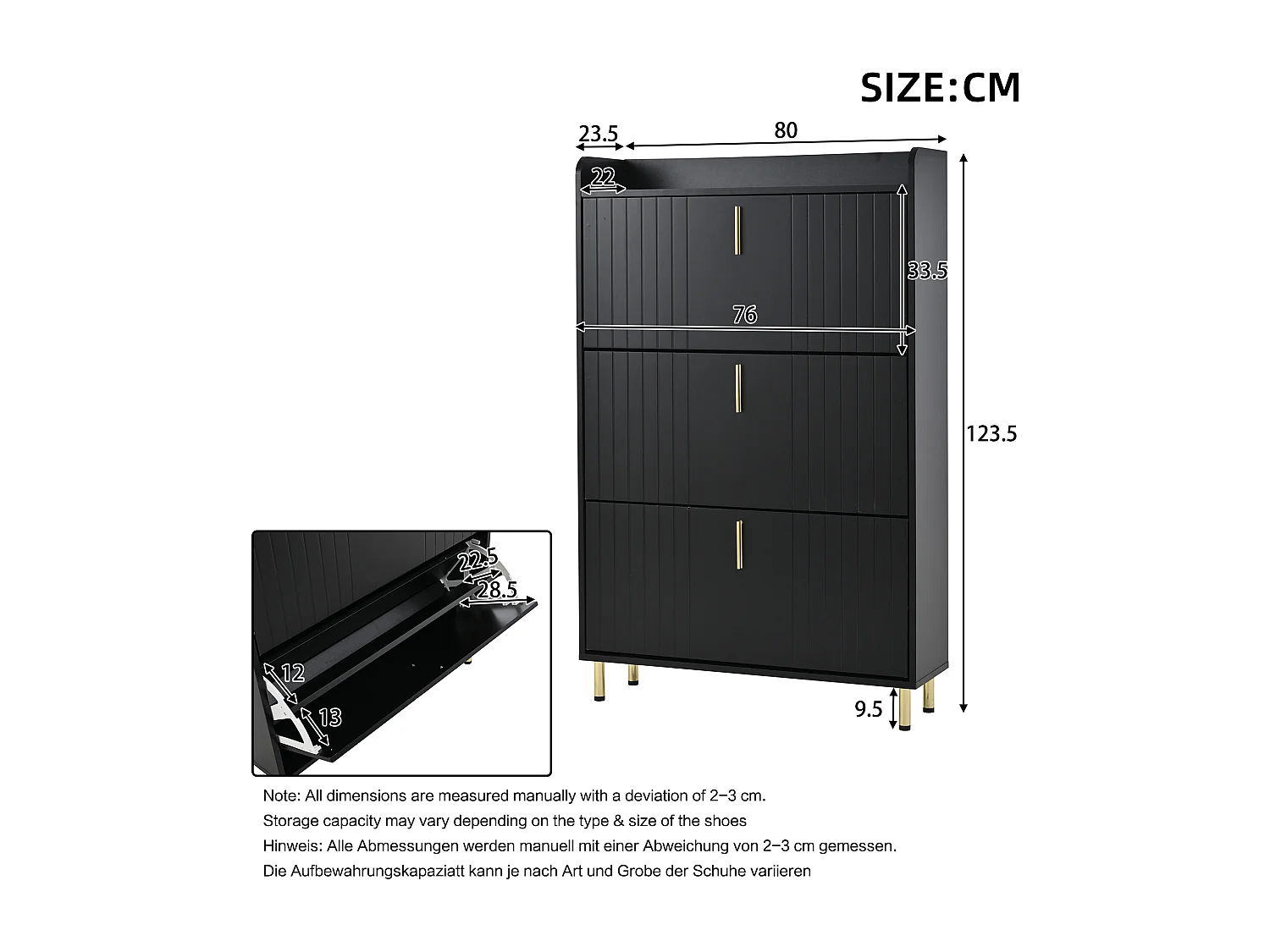 2 Meuble à chaussures à 3 portes - 2 x 80 x 23.5 x 123.5 cm - avec 6 compartiments + dispositif anti-basculement - MDF - noir