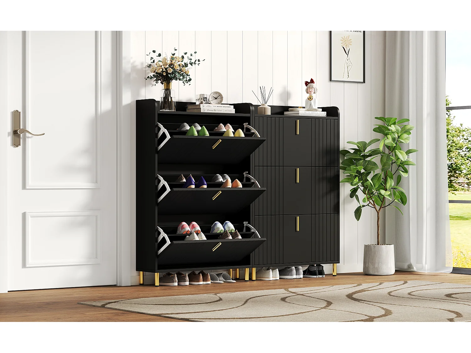 2 Meuble à chaussures à 3 portes - 2 x 80 x 23.5 x 123.5 cm - avec 6 compartiments + dispositif anti-basculement - MDF - noir