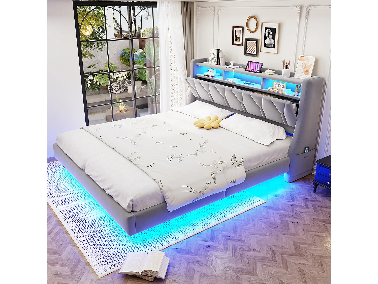 Gestoffeerd tweepersoonsbed - 180 x 200 cm - neerklapbaar gestoffeerd hoofdeinde met opbergruimte + LED-verlichting - MDF - lichtgrijs