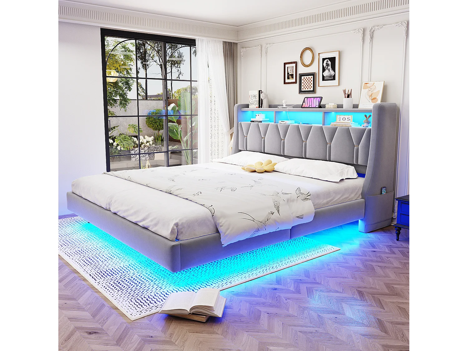 Gestoffeerd tweepersoonsbed - 180 x 200 cm - neerklapbaar gestoffeerd hoofdeinde met opbergruimte + LED-verlichting - MDF - lichtgrijs