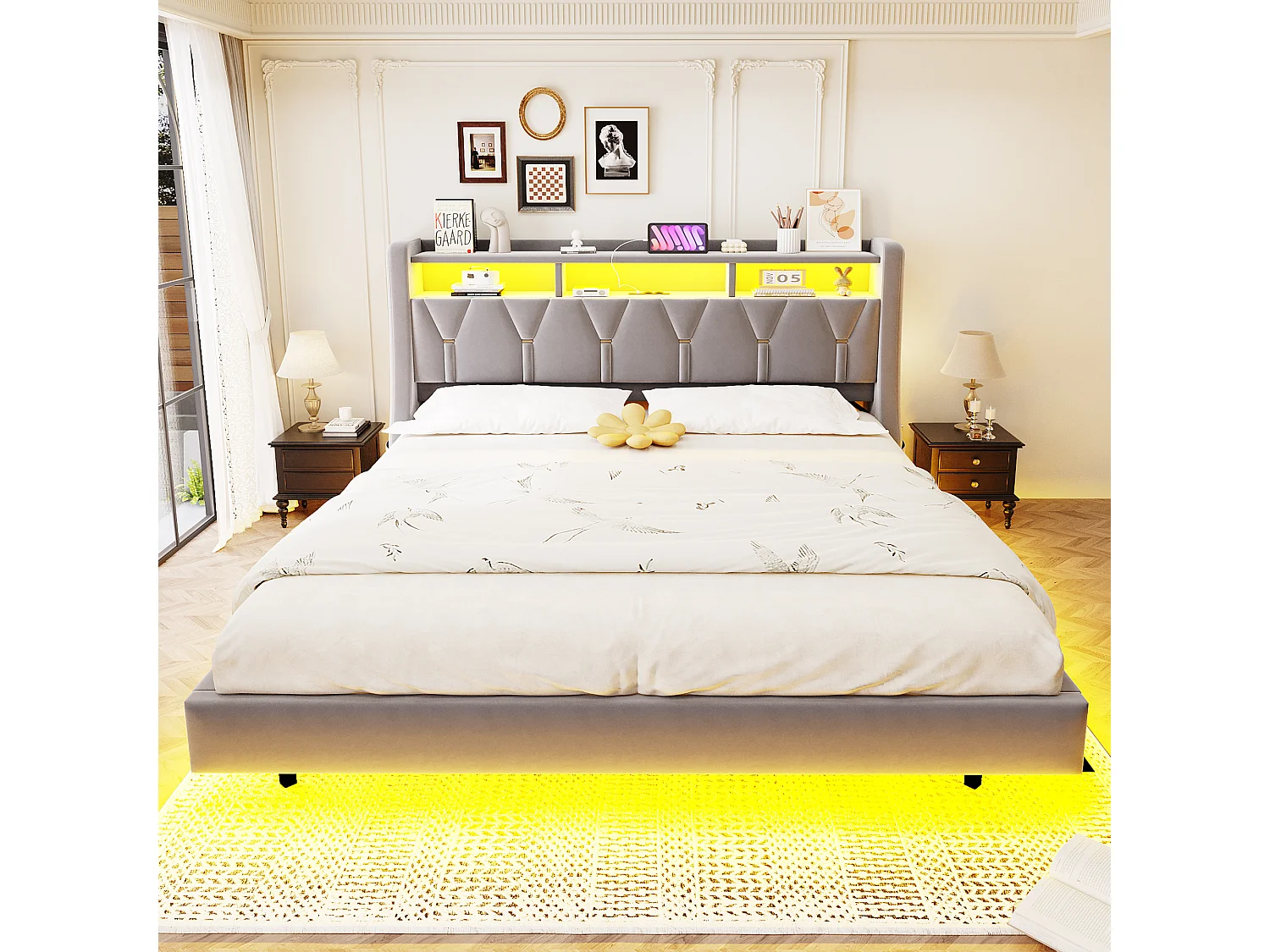 Gestoffeerd tweepersoonsbed - 180 x 200 cm - neerklapbaar gestoffeerd hoofdeinde met opbergruimte + LED-verlichting - MDF - lichtgrijs