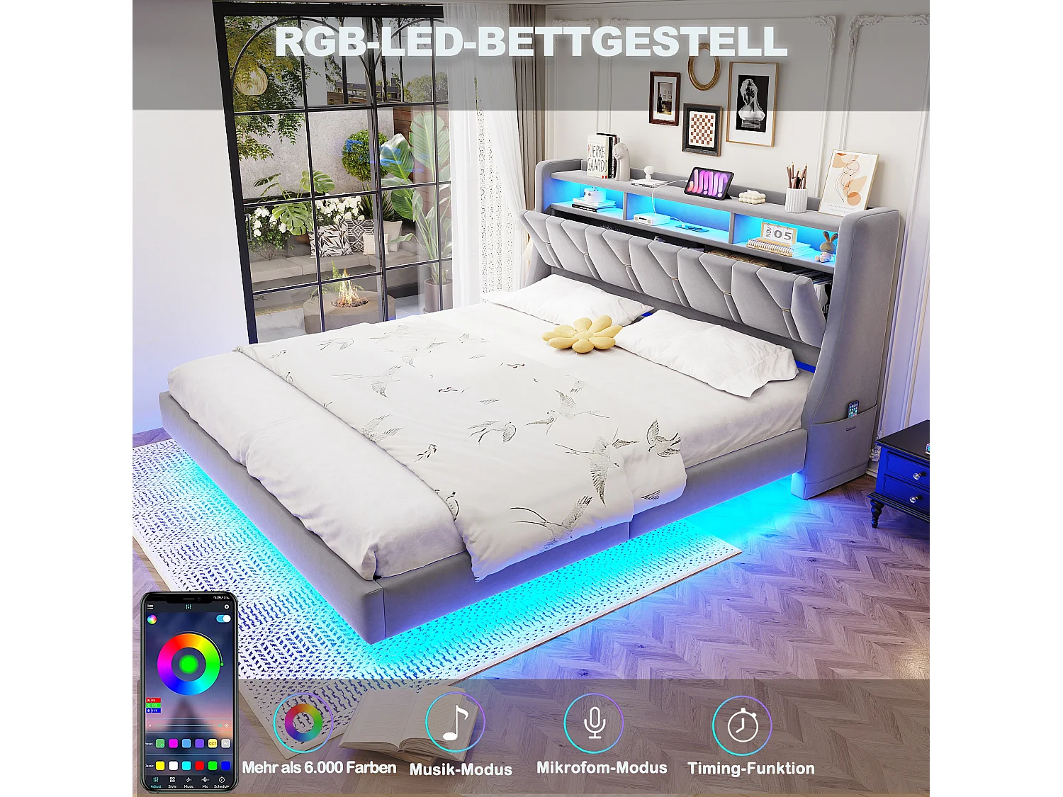 Gestoffeerd tweepersoonsbed - 180 x 200 cm - neerklapbaar gestoffeerd hoofdeinde met opbergruimte + LED-verlichting - MDF - lichtgrijs